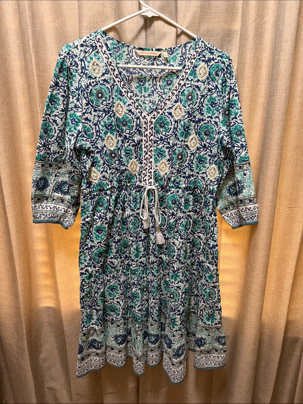 Soft Surroundings Teal, Navy, and Cream V-Neck Midi Dress